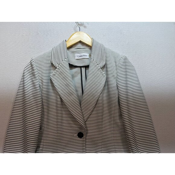 Calvin Klein Womens One Button Knit Blazer Jacket  Sz 6 White Black Stripe - Picture 5 of 13
